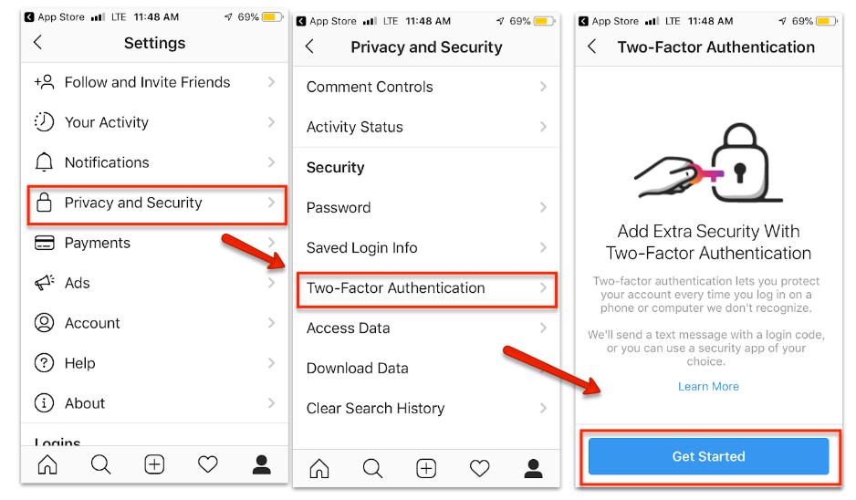 Set up two-factor authentication in instagram