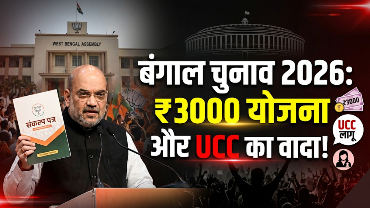Amit Shah unveiling BJP West Bengal Assembly Election 2026 manifesto highlighting cash support and UCC