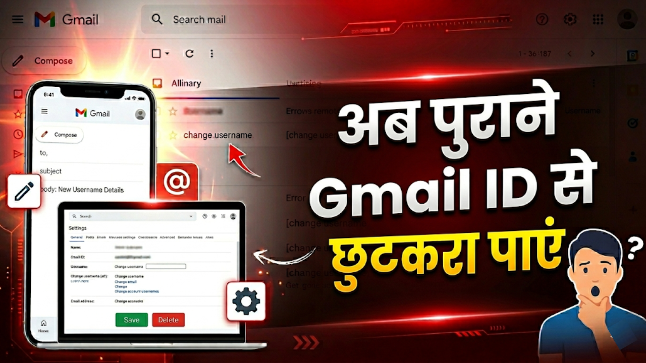 Illustration showing Gmail user changing email username with settings interface and update notification