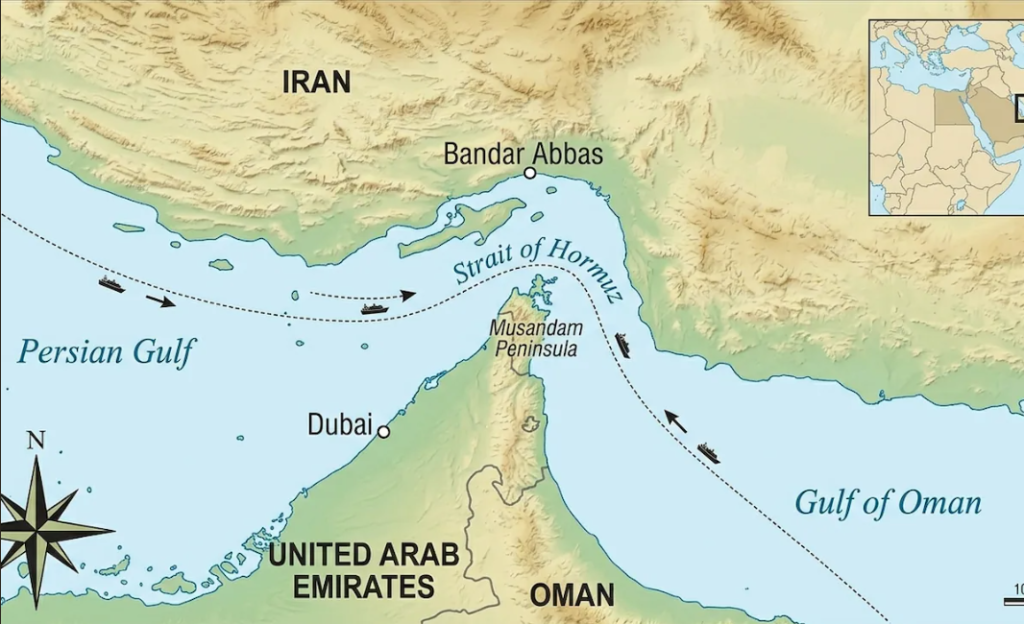 हॉर्मुज़ स्ट्रेट क्षेत्र का मानचित्र (AI द्वारा निर्मित चित्र)